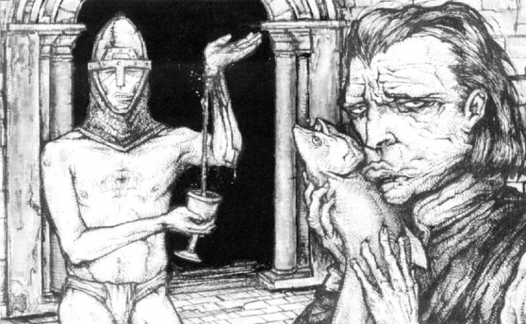 Cavaleiro de cuecas depositando sangue em uma taça enquanto outra pessoa acaricia um peixe morto. Ilustração de Vampiro: Idade das Trevas.