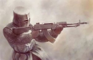 Ilustração de um cavaleiro cruzado com um rifle