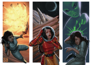 Três personagens de Space Dragon: a primeira foge de uma explosão, a segunda se assusta com uma rachadura no capacete e a terceira está sendo atingida por um raio de controle mental.
