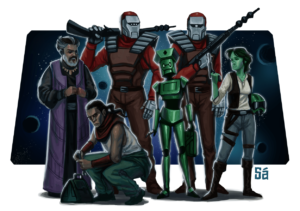 Vários personagens: dois humanos, três androides e um mutante.