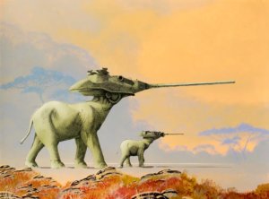 Arte de Roger Dean com dois animais com cabeças que lembram armas em uma planície deserta