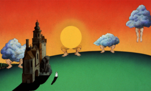 Animação de Monty Python and the Holy Grail mostrando o sol e nuvens pulando