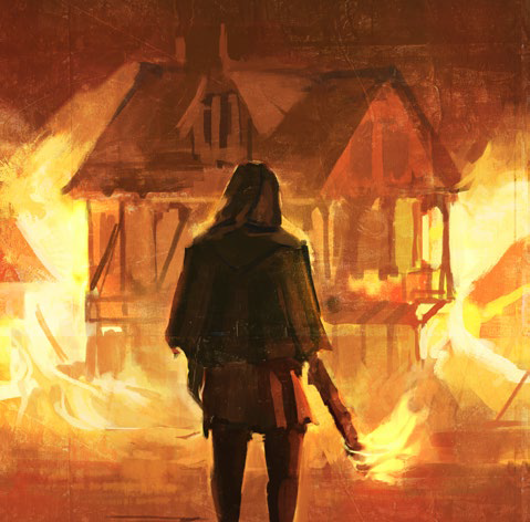 Caçador diante de uma casa em chamas