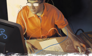 Um cultista utilizando o computador, com fios entrando em sua pele.