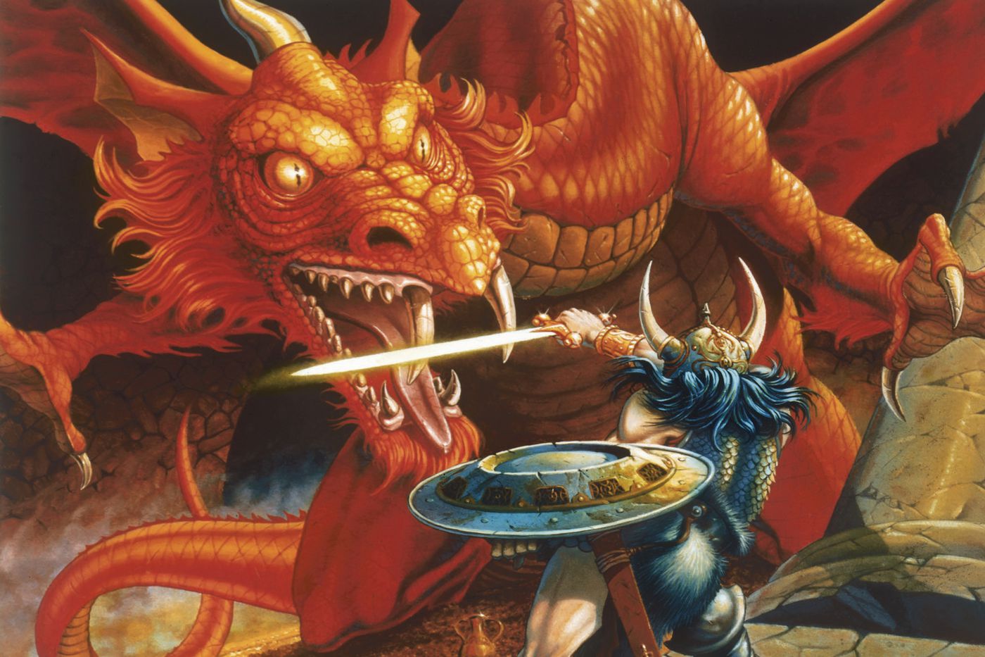 Humano guerreiro enfrentando um dragão