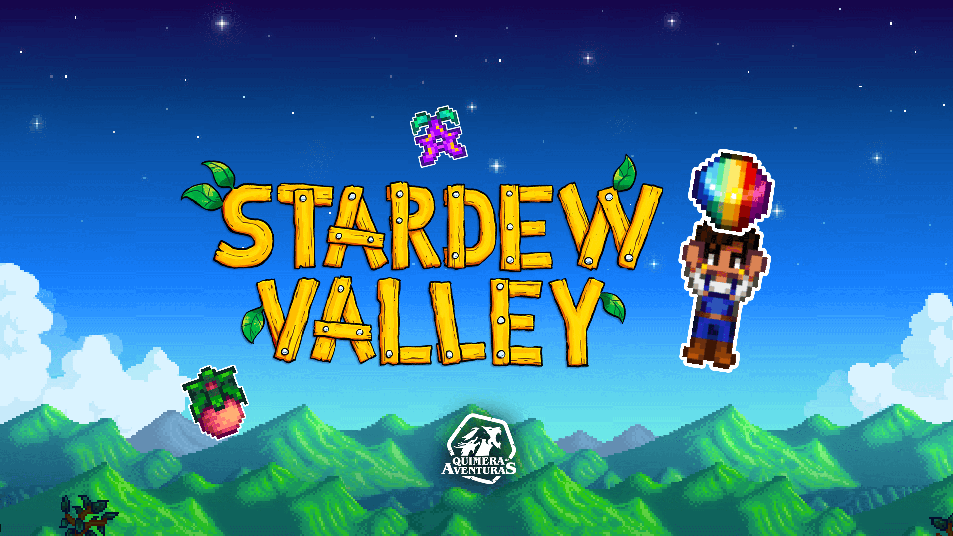 Thumbnail para o Quimera de Aventuras, relacionado ao jogo Stardew Valley. Encontra-se ao fundo uma bela imagem do horizonte, com um céu azul, e um fazendeiro em um traço 2d está em destaque segurando uma pedra preciosa, ao lado do título "Stardew Valley"