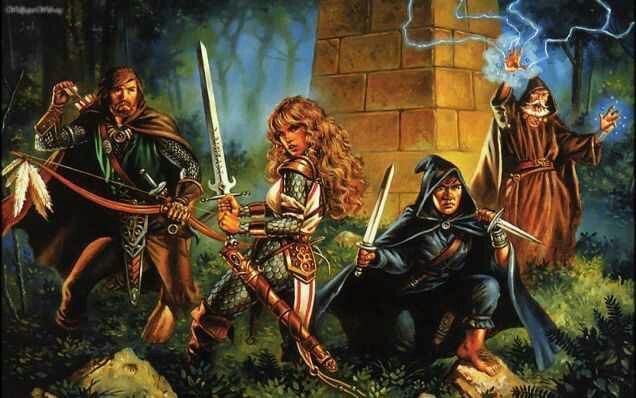 um grupo de aventureiros composto por um ranger meio-elfo, uma guerreira humana, um halfling ladrão e um mago humano