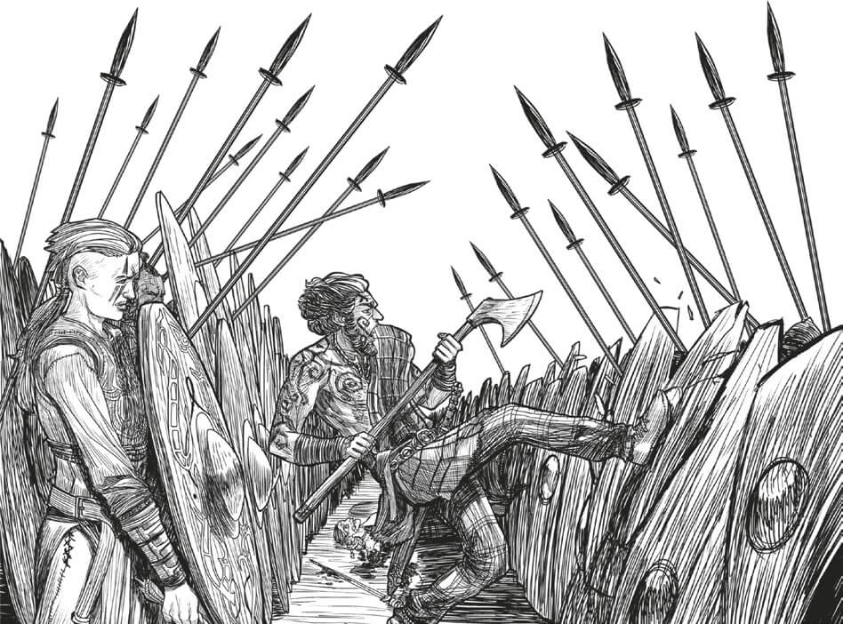 Um guerreiro se adianta para chutar a parede de escudos adversária.