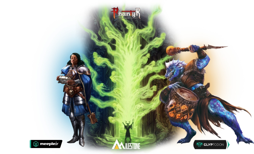 uma mulher negra de armadura e um homem lagarto xamã em fundo branco