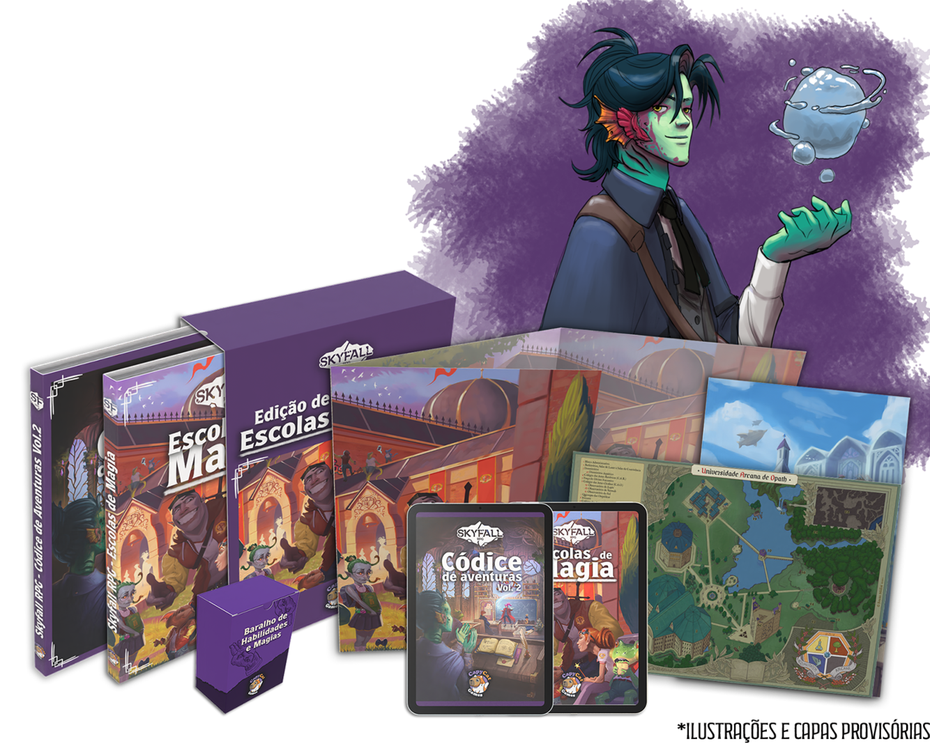 vários livros perto de uma personagem de pele azul